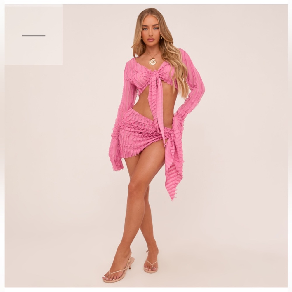 Ego Pink Long Sleeve Tie Front Crop Top And Tie Side Mini Skirt Texture Set